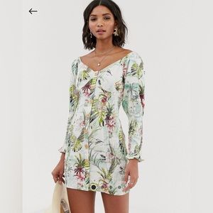 ASOS DESIGN button through shirred mini dress in tropical print